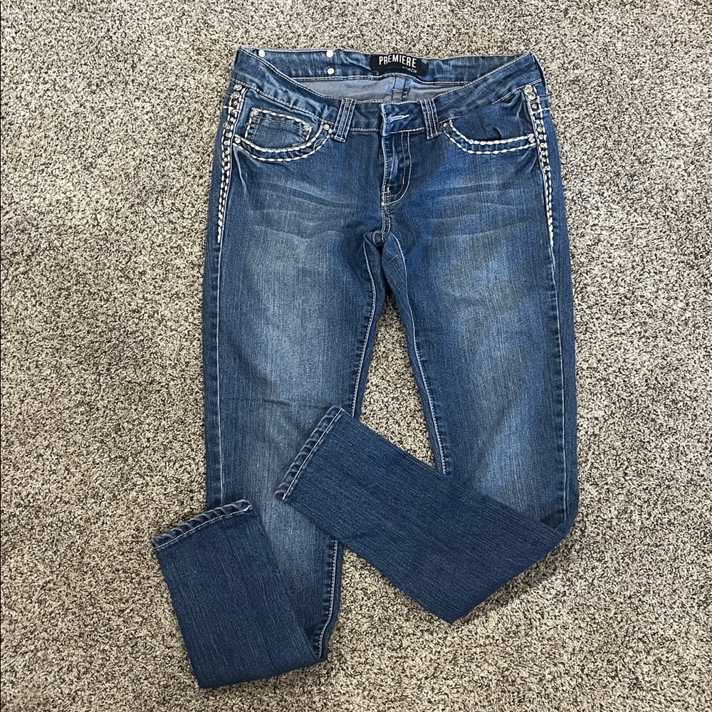Premiere by Rue 21. Blue Denim Jeans with White Stitching. 7/8.